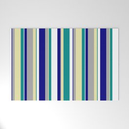 [ Thumbnail: Eye-catching Dark Cyan, Pale Goldenrod, Dark Grey, Blue, and White Colored Lines Pattern Welcome Mat ]