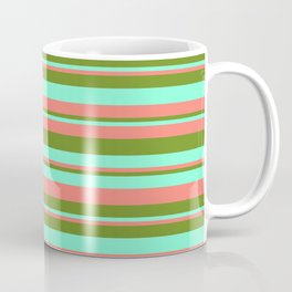 [ Thumbnail: Salmon, Green & Aquamarine Colored Stripes/Lines Pattern Coffee Mug ]