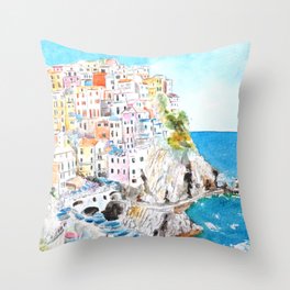 Italy Cinque Terre watercolor painting Throw Pillow