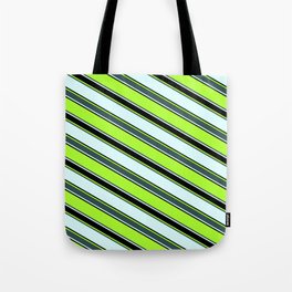 [ Thumbnail: Light Green, Dark Slate Gray, Light Cyan, and Black Colored Striped Pattern Tote Bag ]