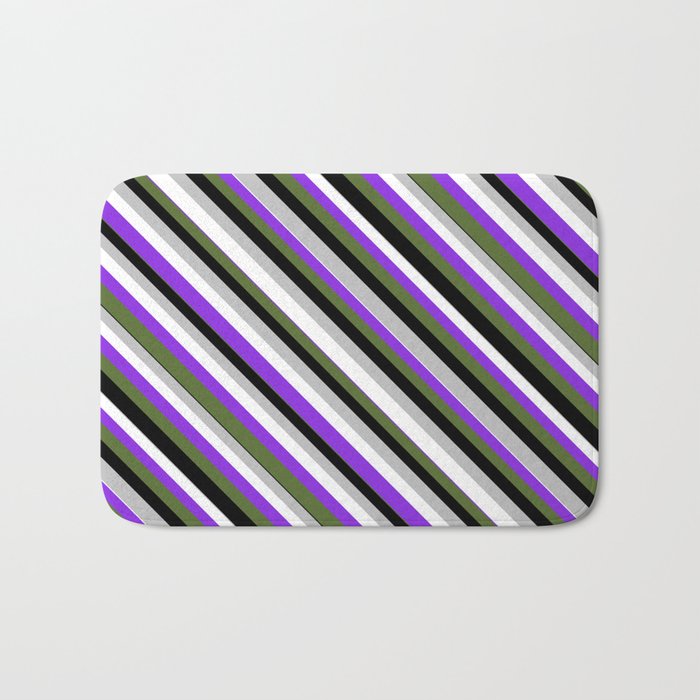 Eye-catching Grey, White, Purple, Dark Olive Green, and Black Colored Lined/Striped Pattern Bath Mat