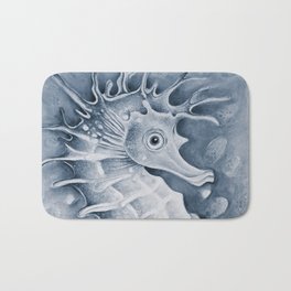 Cute Seahorse in Sea Grass Monochrome Blue Watercolor Bath Mat