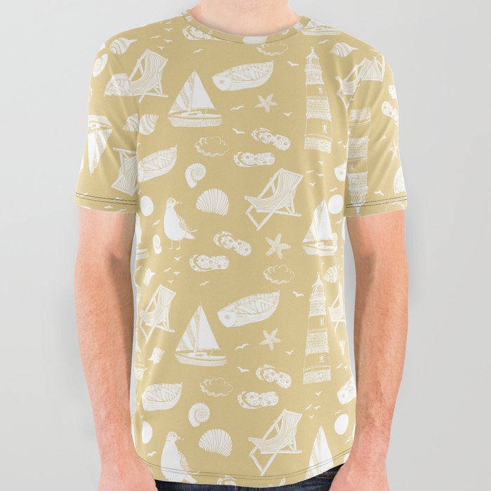 Beige And White Summer Beach Elements Pattern All Over Graphic Tee