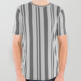 [ Thumbnail: Dim Grey & Light Gray Colored Stripes Pattern All Over Graphic Tee ]