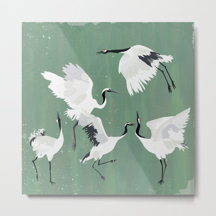 Dancing cranes - jade green Metal Print