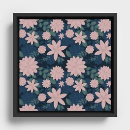 Pink and Navy Spring Floral Pattern Illustration Framed Canvas