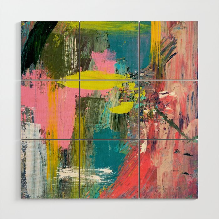 Collision - a bright abstract with pinks, greens, blues, and yellow Wood Wall Art