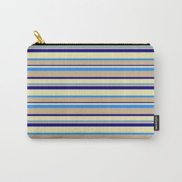 [ Thumbnail: Tan, Dark Blue, Pale Goldenrod & Blue Colored Lined Pattern Carry-All Pouch ]