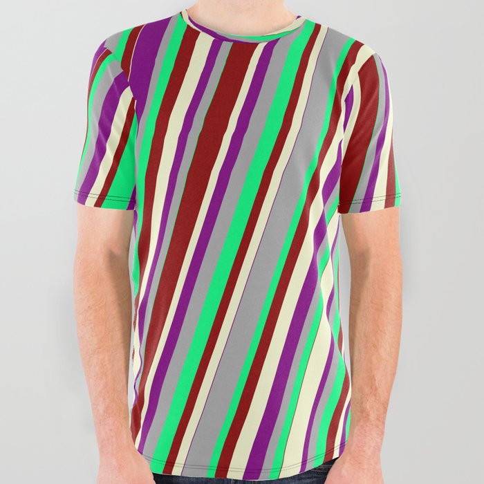 Colorful Dark Gray, Green, Dark Red, Light Yellow, and Purple Colored Lined/Striped Pattern All Over Graphic Tee