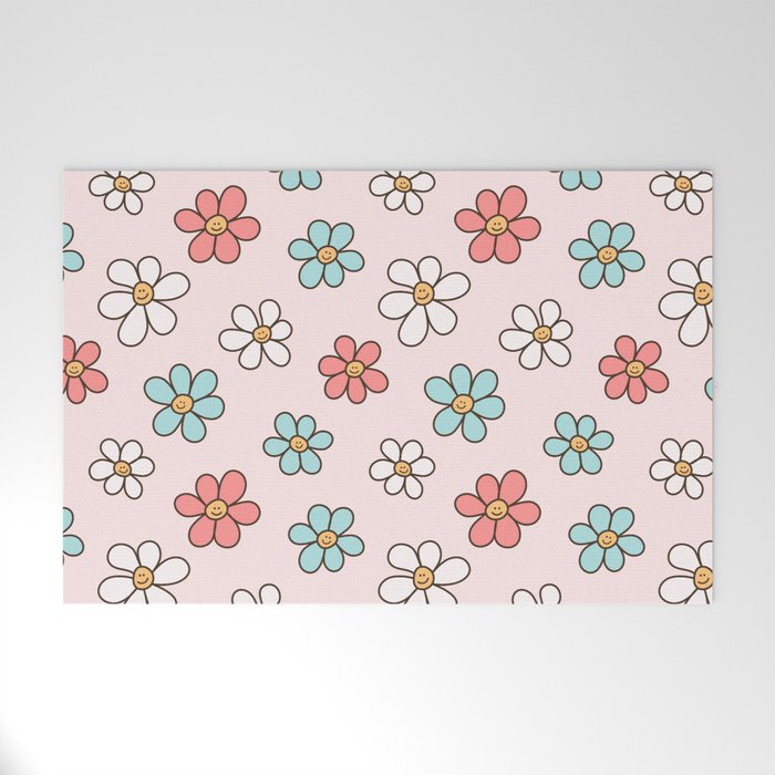 Happy Daisy Pattern, Cute and Fun Smiling Colorful Daisies Welcome Mat