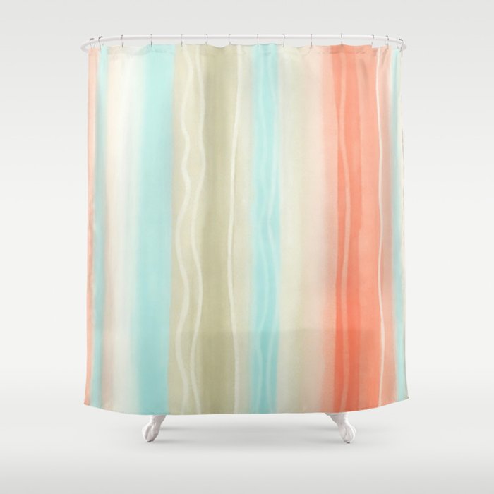 Peach And Aqua Watercolor Striped Pattern Shower Curtain By