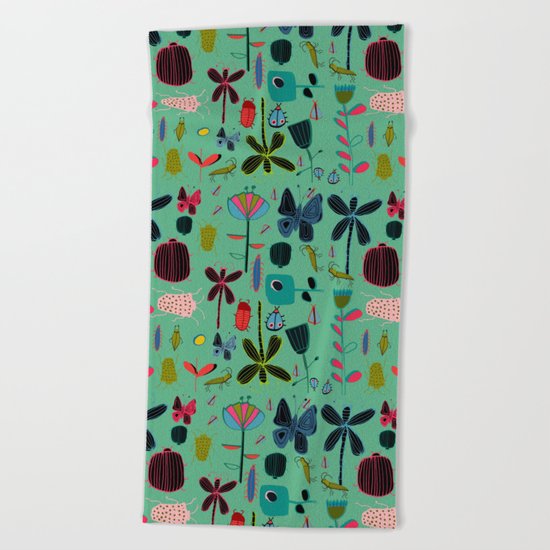 Insect watercolor green Beach Towel