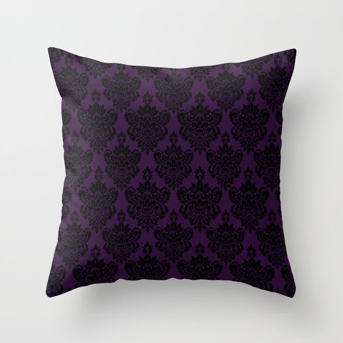 Black Damask Pattern 2- Aubergine Purple Throw Pillow