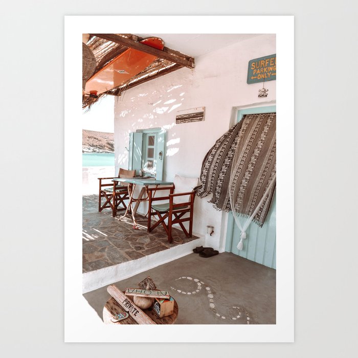 Surf Beach House in Greek Islands, Summer Holidays in Greece, Soft Pastel Travel Photography Art Print