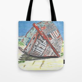 Shipwrecked Colored Pencil Drawing of an Old Boat Tote Bag