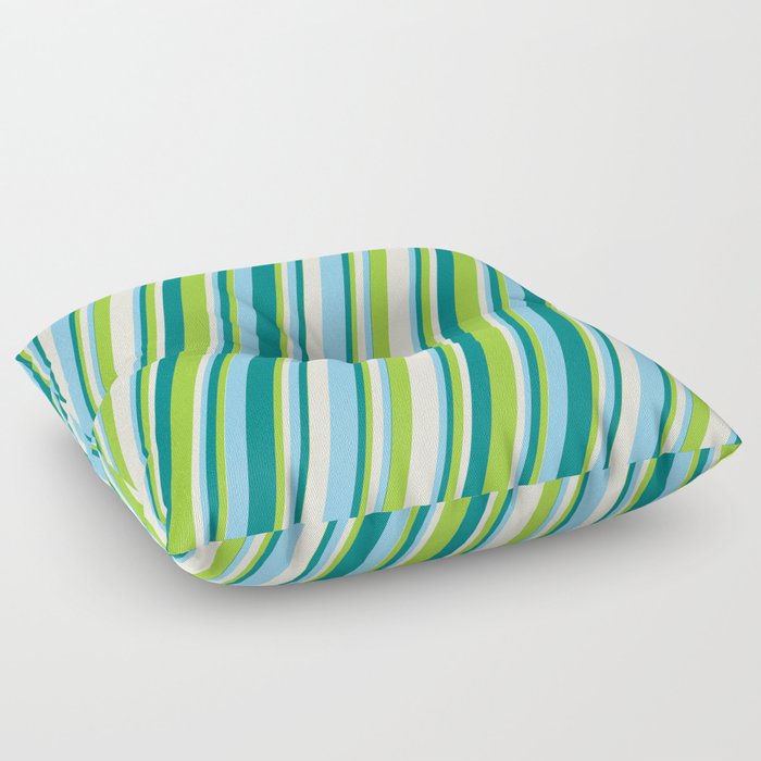 Teal, Green, Beige & Light Sky Blue Colored Stripes/Lines Pattern Floor Pillow