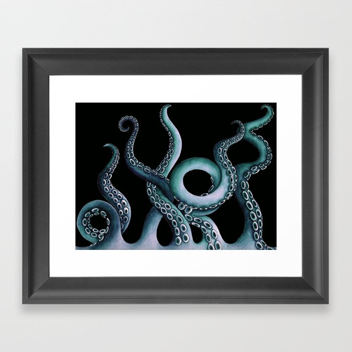 Teal Kraken at night Framed Art Print