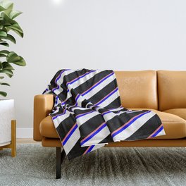 [ Thumbnail: Light Coral, Blue, White & Black Colored Striped Pattern Throw Blanket ]