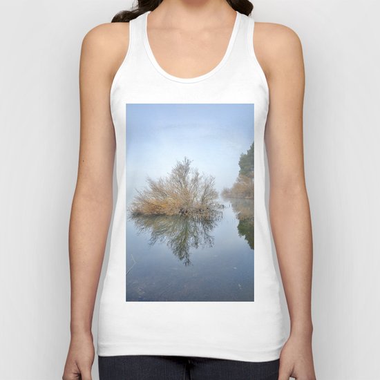 "Foggy Morning At The Lake". Magic sunrise Unisex Tank Top