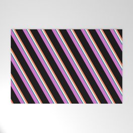 [ Thumbnail: Orchid, Black, Coral, Mint Cream, and Teal Colored Lines/Stripes Pattern Welcome Mat ]