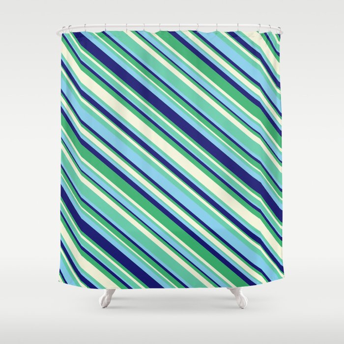 Eyecatching Aquamarine, Sky Blue, Midnight Blue, Sea Green & Beige Colored Striped/Lined Pattern Shower Curtain