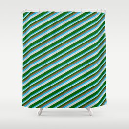 [ Thumbnail: Sienna, Deep Sky Blue, Light Gray & Dark Green Colored Lined/Striped Pattern Shower Curtain ]