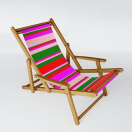 [ Thumbnail: Green, Red, Fuchsia, and Pink Colored Lined/Striped Pattern Sling Chair ]