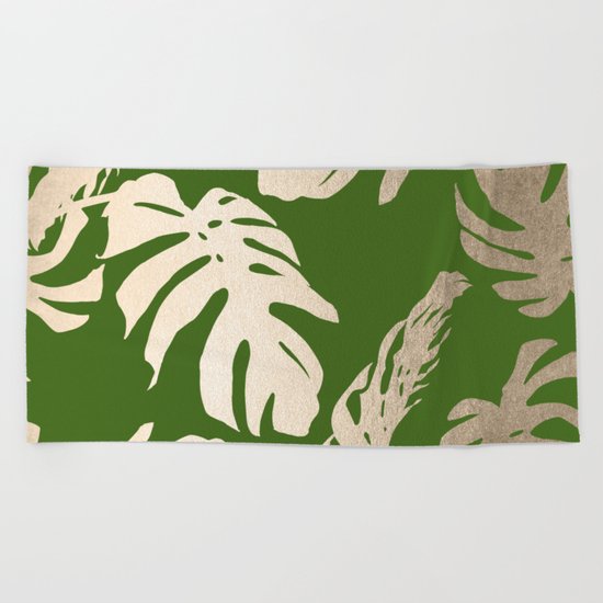 Palm Leaves White Gold Sands on Jungle Green Beach Towel