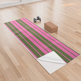 [ Thumbnail: Hot Pink and Dark Olive Green Colored Lined Pattern Yoga Towel ]