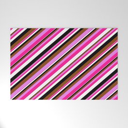 [ Thumbnail: Vibrant Brown, Violet, Deep Pink, White, and Black Colored Striped Pattern Welcome Mat ]