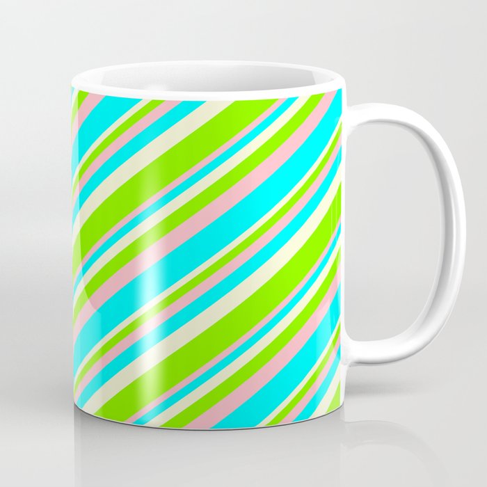 Light Yellow, Green, Light Pink, and Cyan Colored Striped/Lined Pattern Coffee Mug