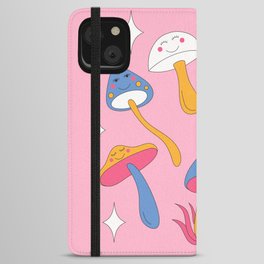 Retro mushrooms and smiles and sparkles. Pink background. iPhone Wallet Case