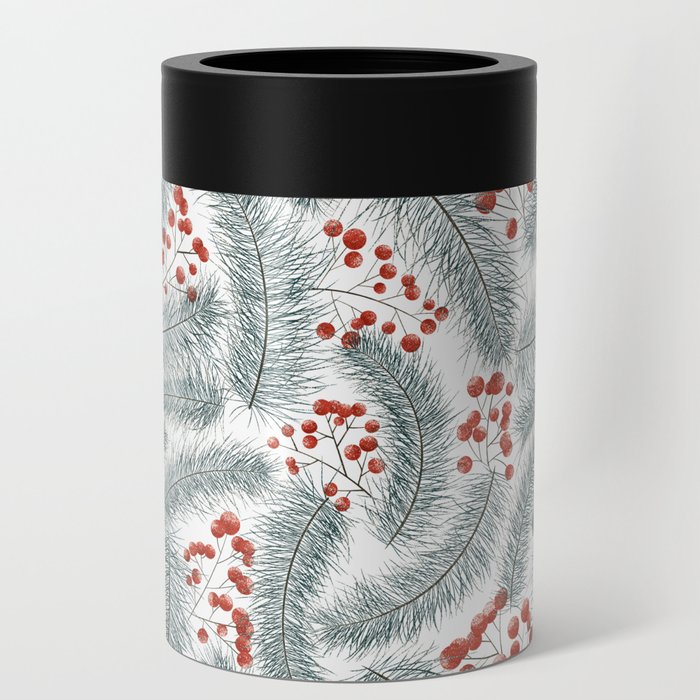 Pine branches and red berries on white Can Cooler