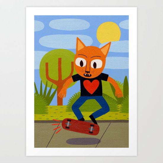 Skateboarding Cat Art Print