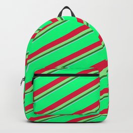 [ Thumbnail: Vibrant Green, Crimson, Light Green, Forest Green & Light Blue Colored Striped/Lined Pattern Backpack ]