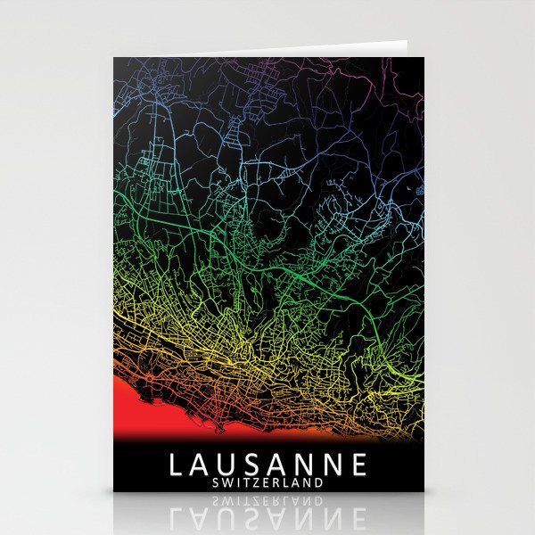 Lausanne, Switzerland, City, Map, Rainbow, Map, Art, Print Stationery Cards