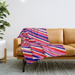 [ Thumbnail: Beige, Red, Hot Pink, and Dark Blue Colored Stripes/Lines Pattern Throw Blanket ]
