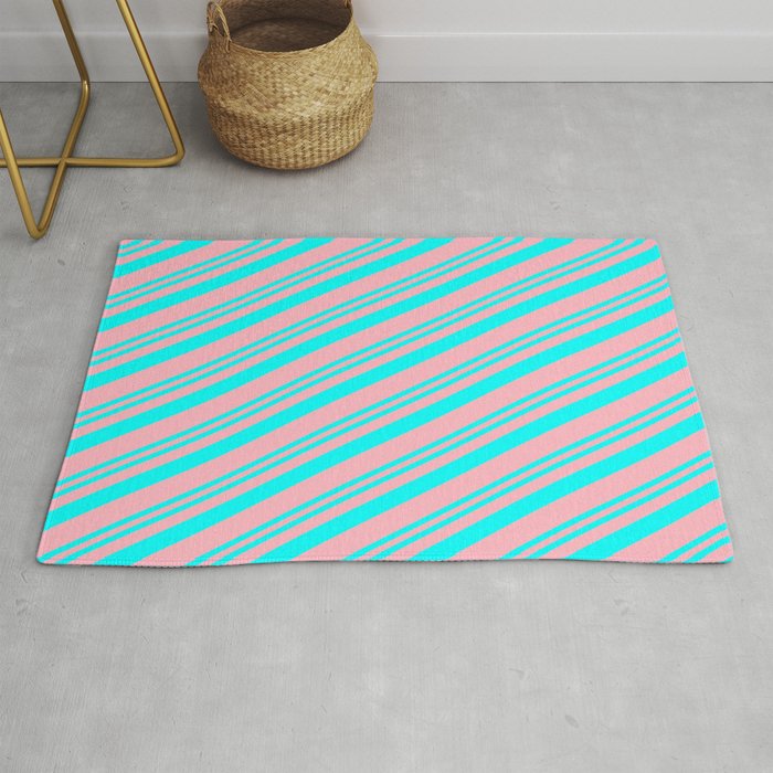 Aqua and Light Pink Colored Stripes/Lines Pattern Rug