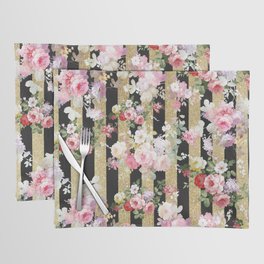 Vintage style pink red roses flowers black gold glitter stripes Placemat