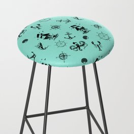 Mint Blue And Black Silhouettes Of Vintage Nautical Pattern Bar Stool