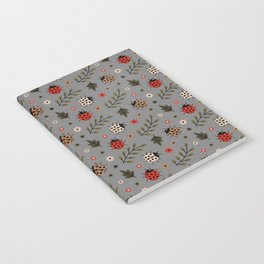 Ladybug and Floral Seamless Pattern on Grey Background Notebook