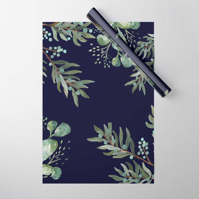 Winter Branches and Juniper Berries on Winter Blue Wrapping Paper