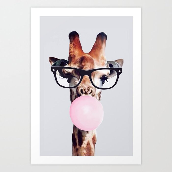 Giraffe Wearing Glasses Blowing Gum Art Print