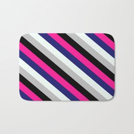 [ Thumbnail: Deep Pink, Midnight Blue, Mint Cream, Grey & Black Colored Lines/Stripes Pattern Bath Mat ]