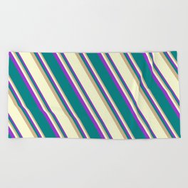 [ Thumbnail: Tan, Light Yellow, Dark Orchid, and Teal Colored Stripes Pattern Beach Towel ]