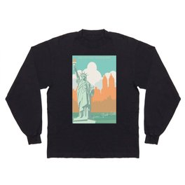 New York City Liberty Statue Twin Towers Peach And Water Green  Long Sleeve T-shirt