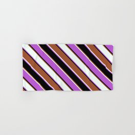 [ Thumbnail: Sienna, Mint Cream, Orchid & Black Colored Pattern of Stripes Hand & Bath Towel ]
