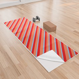 [ Thumbnail: Coral, Red & Light Sky Blue Colored Stripes/Lines Pattern Yoga Towel ]