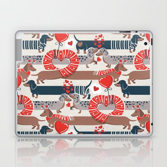 Dachshunds long love // beige background neon red hearts scarves sweaters and other Valentine's Day details brown navy and dark grey spotted funny doxies dog puppies  Laptop & iPad Skin