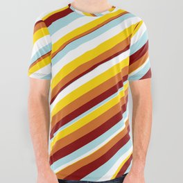[ Thumbnail: Vibrant Powder Blue, White, Yellow, Chocolate, and Maroon Colored Lines Pattern All Over Graphic Tee ]